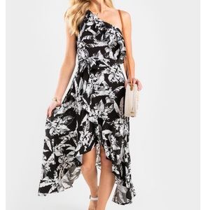 Tropical one shoulder hi low dress